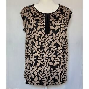 PerSeption Concept Womens Black & Tan Leaf Print Blouse Top Keyhole Neck Sz: XL